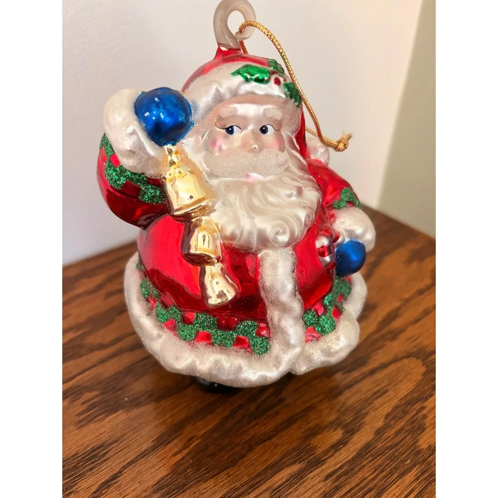 Vintage Blown Glass Santa Claus Christmas Ornament Red Green Glitter 4 Inch